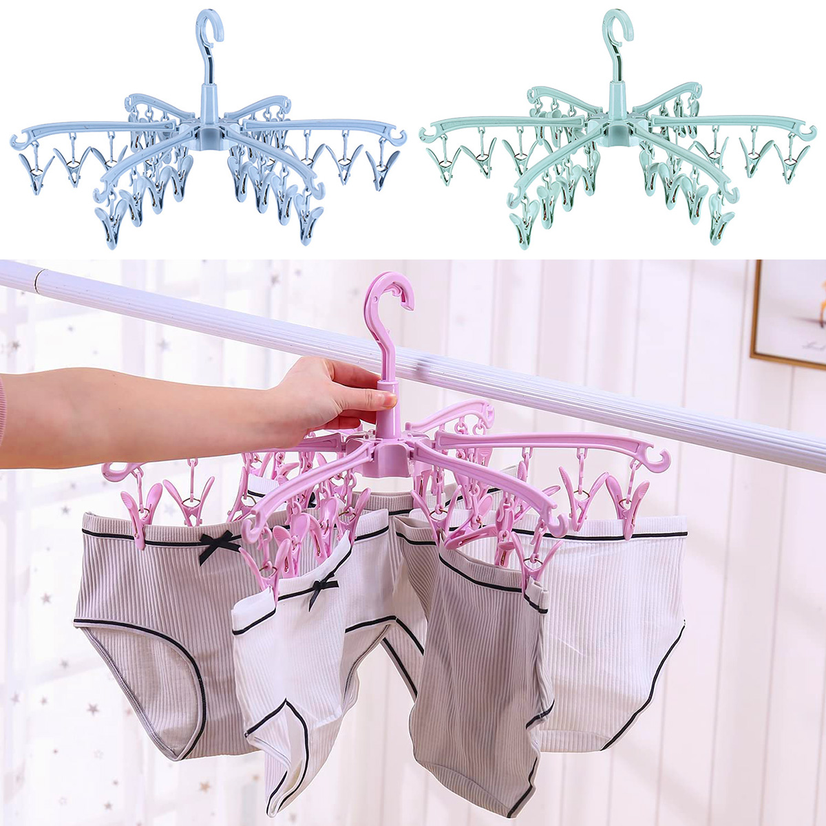 Sock Organizer Tray - Stendibiancheria Pieghevole a 24 Clip, Girevole